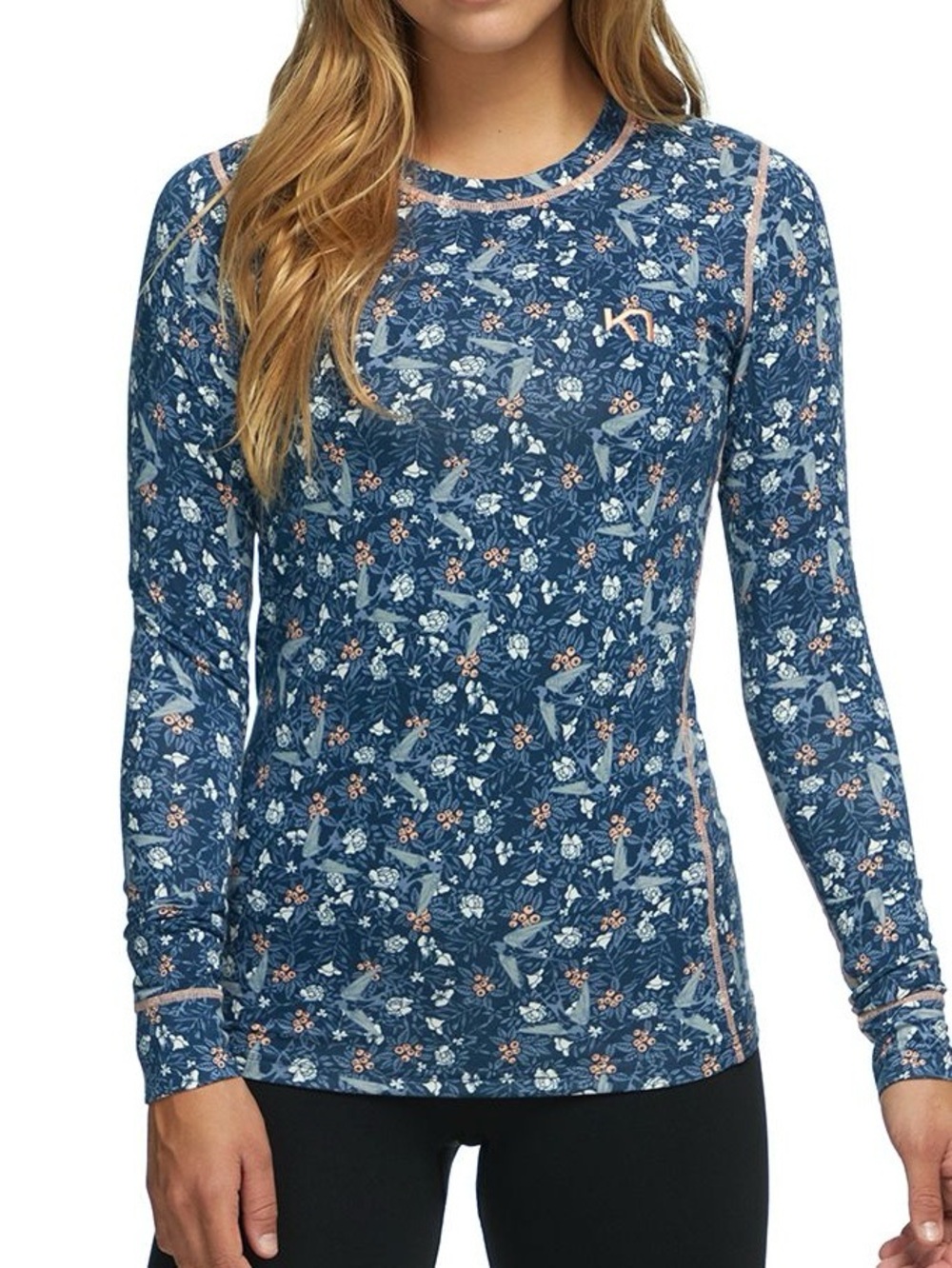Kari Traa Fryd Long-Sleeve Baselayer Bird Floral Top Size S Blue Ski Outdoor